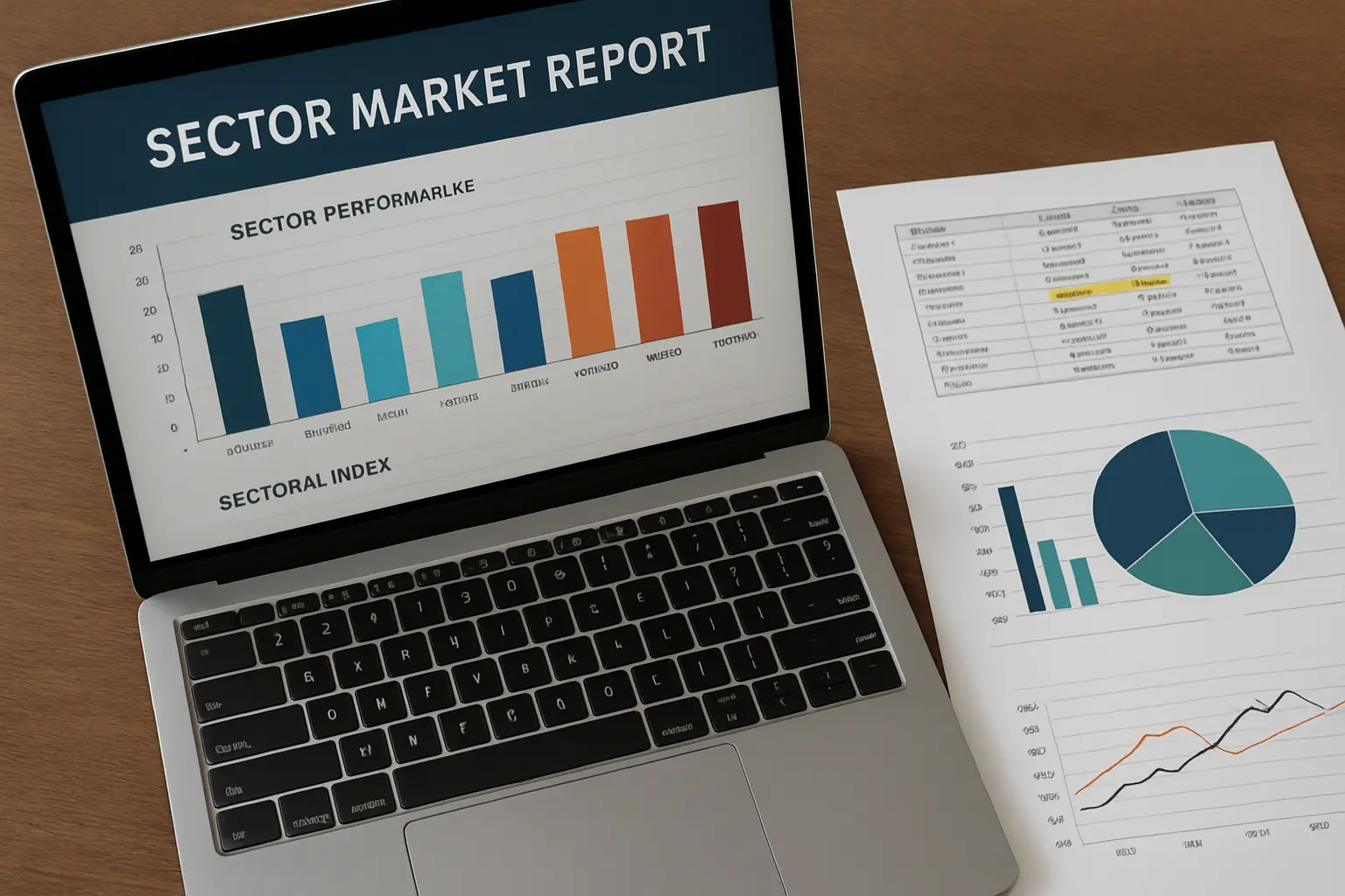 A marketing student reviewing sector market reports on a laptop with printed charts on the desk