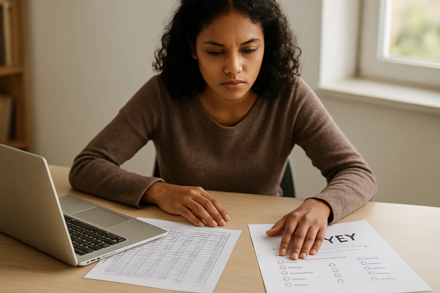 A Commerce student choosing between an accounting ledger and a survey questionnaire on a desk, deciding which software tools to use
