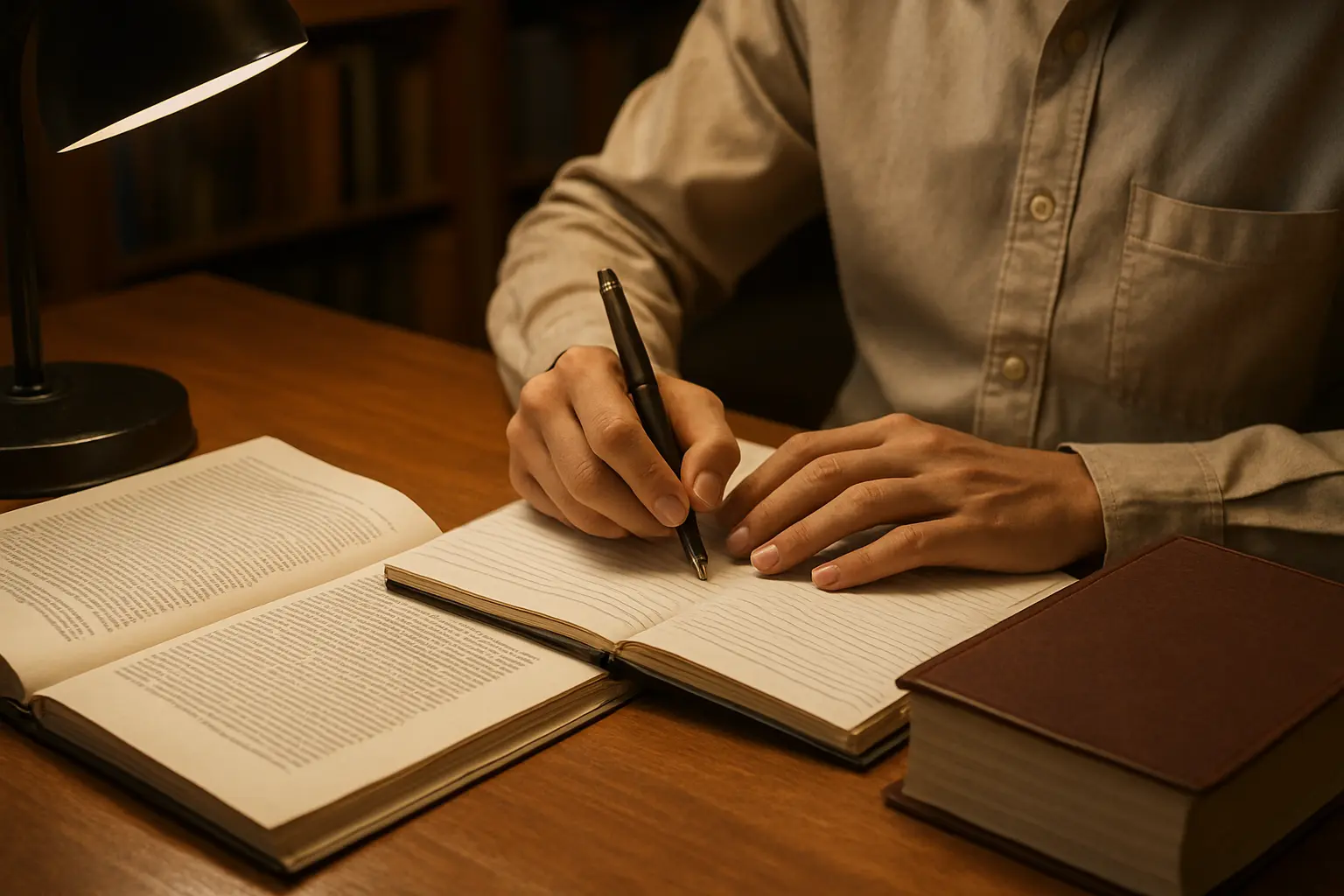 A scholar writing a footnote beside an open gazette document and a bound volume of law reports