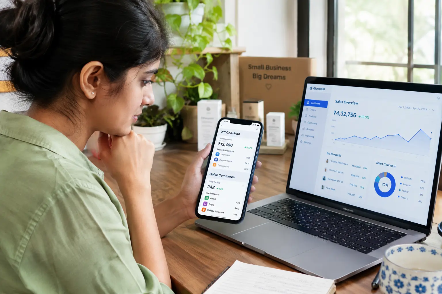 A small Indian D2C business owner reviewing UPI checkout and quick-commerce analytics on a phone and laptop