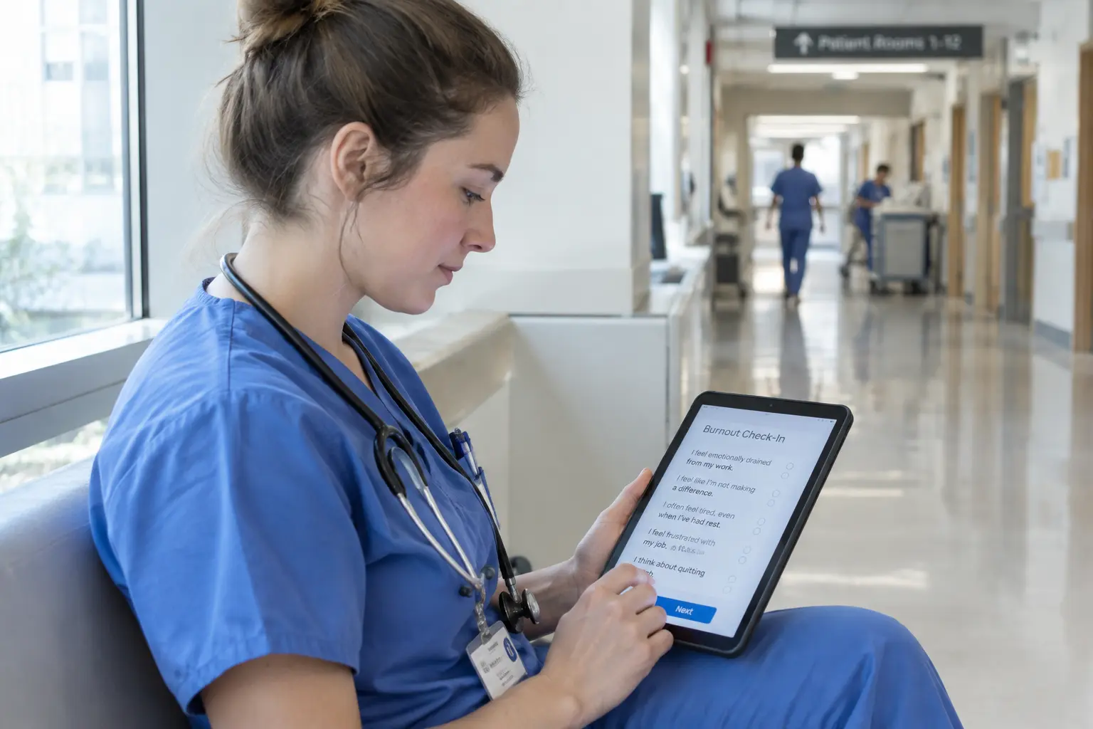 An Indian nursing researcher comparing two burnout questionnaire booklets at a desk