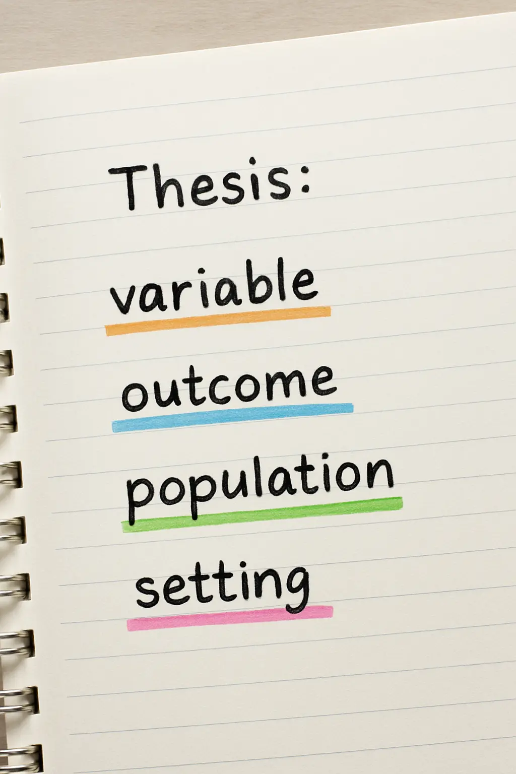 A student's notebook with a thesis title being built element by element: variable, outcome, population, setting