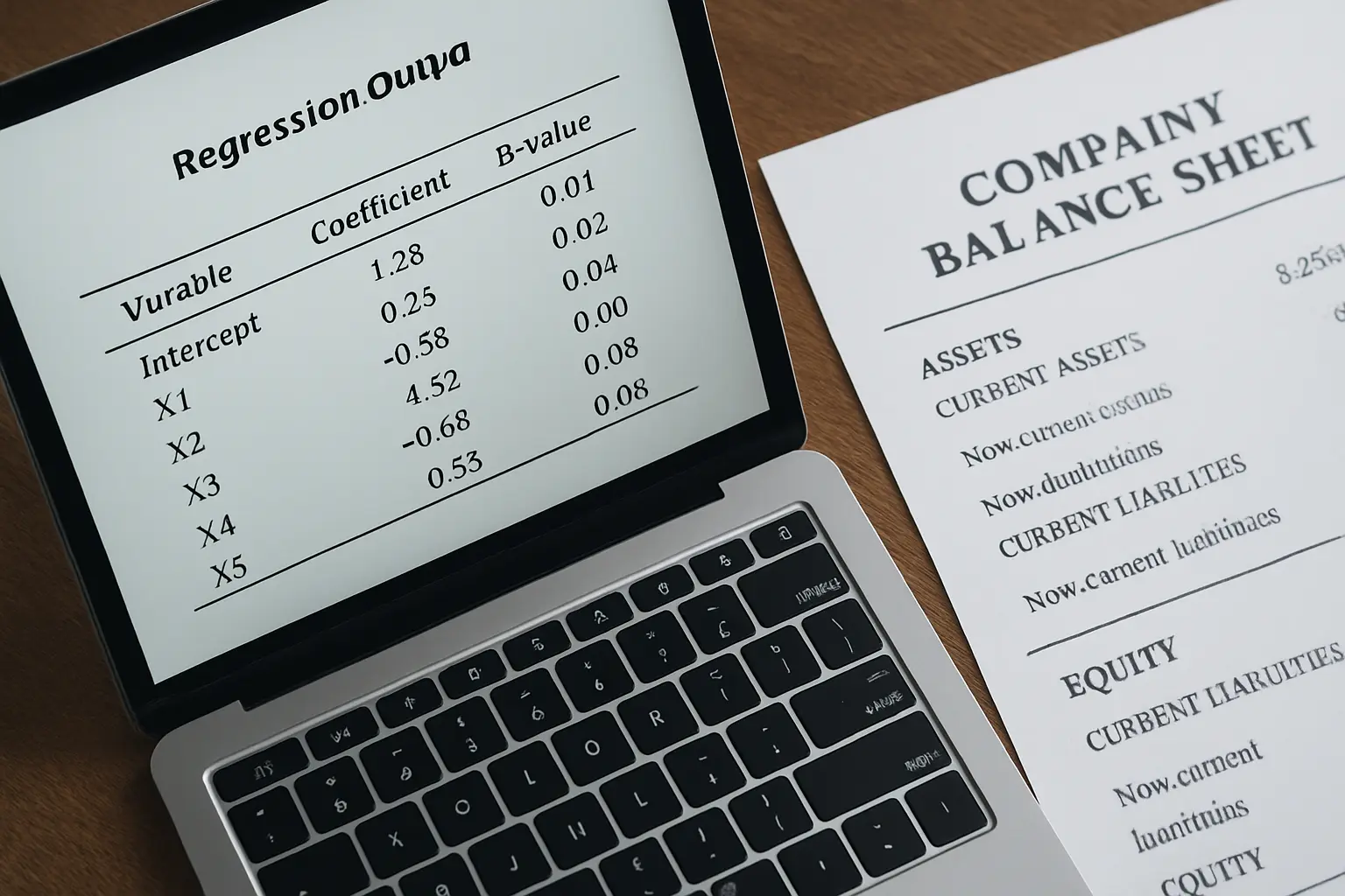 A finance student reviewing a regression output table on a laptop screen next to printed company financial statements
