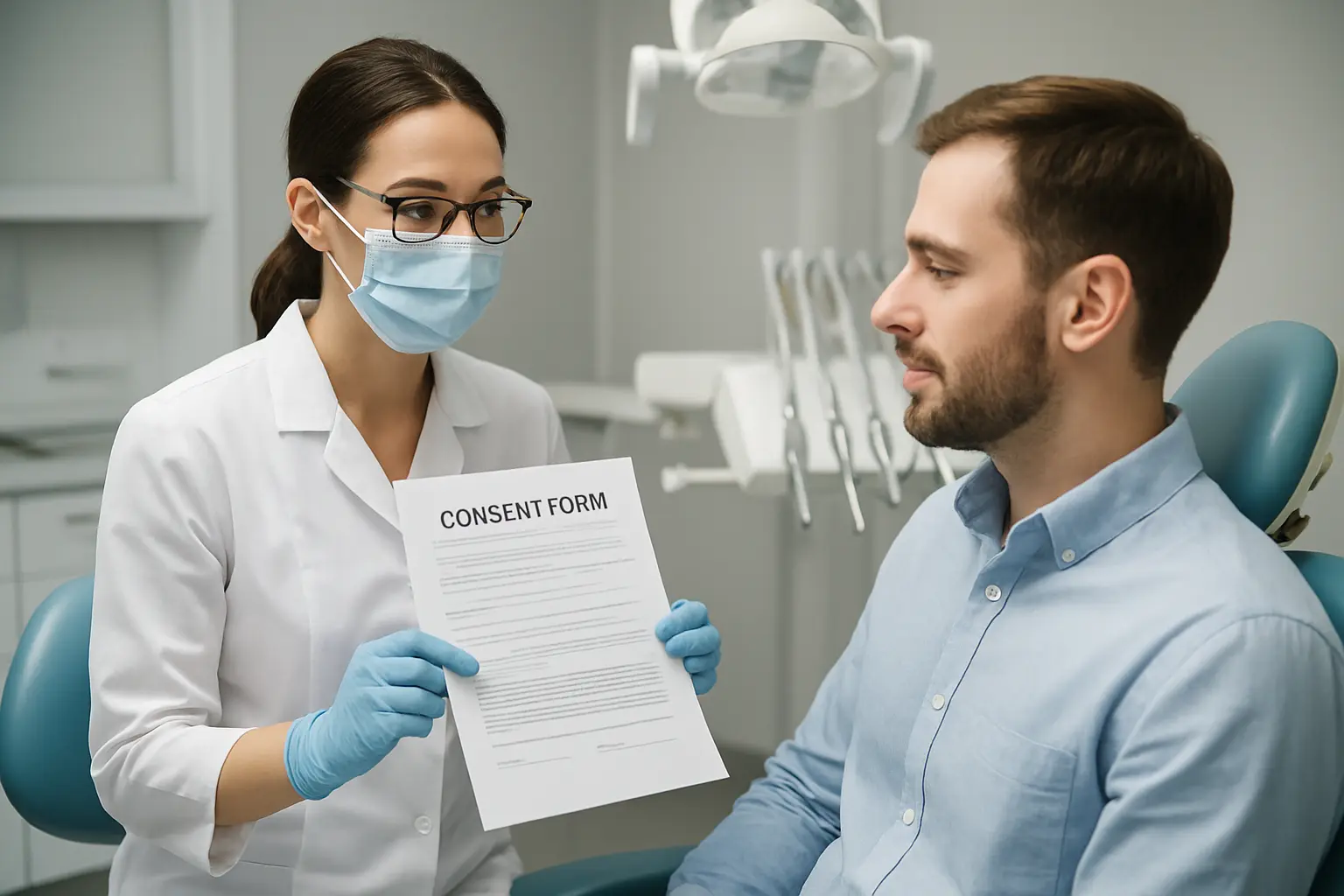 Dentist explaining a consent form to a patient before a clinical examination