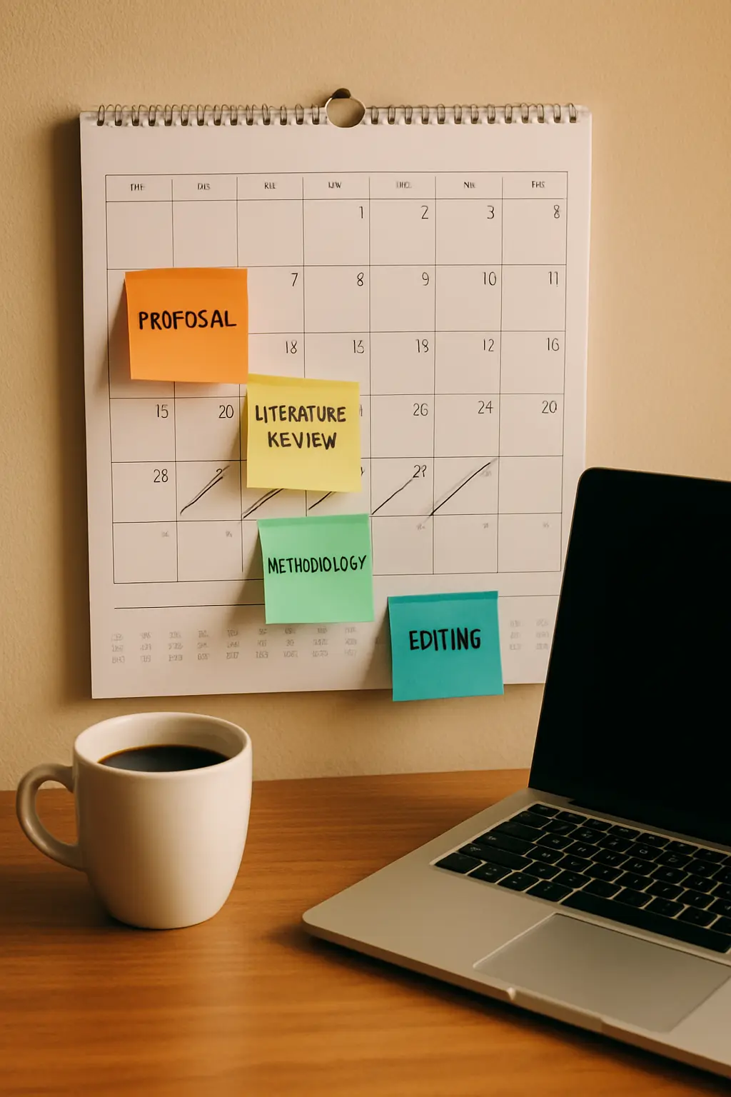 A wall calendar with weeks marked off and coloured sticky notes for each dissertation phase