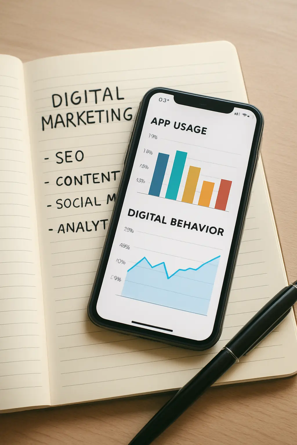 A smartphone screen showing app usage statistics next to a notebook with digital marketing notes