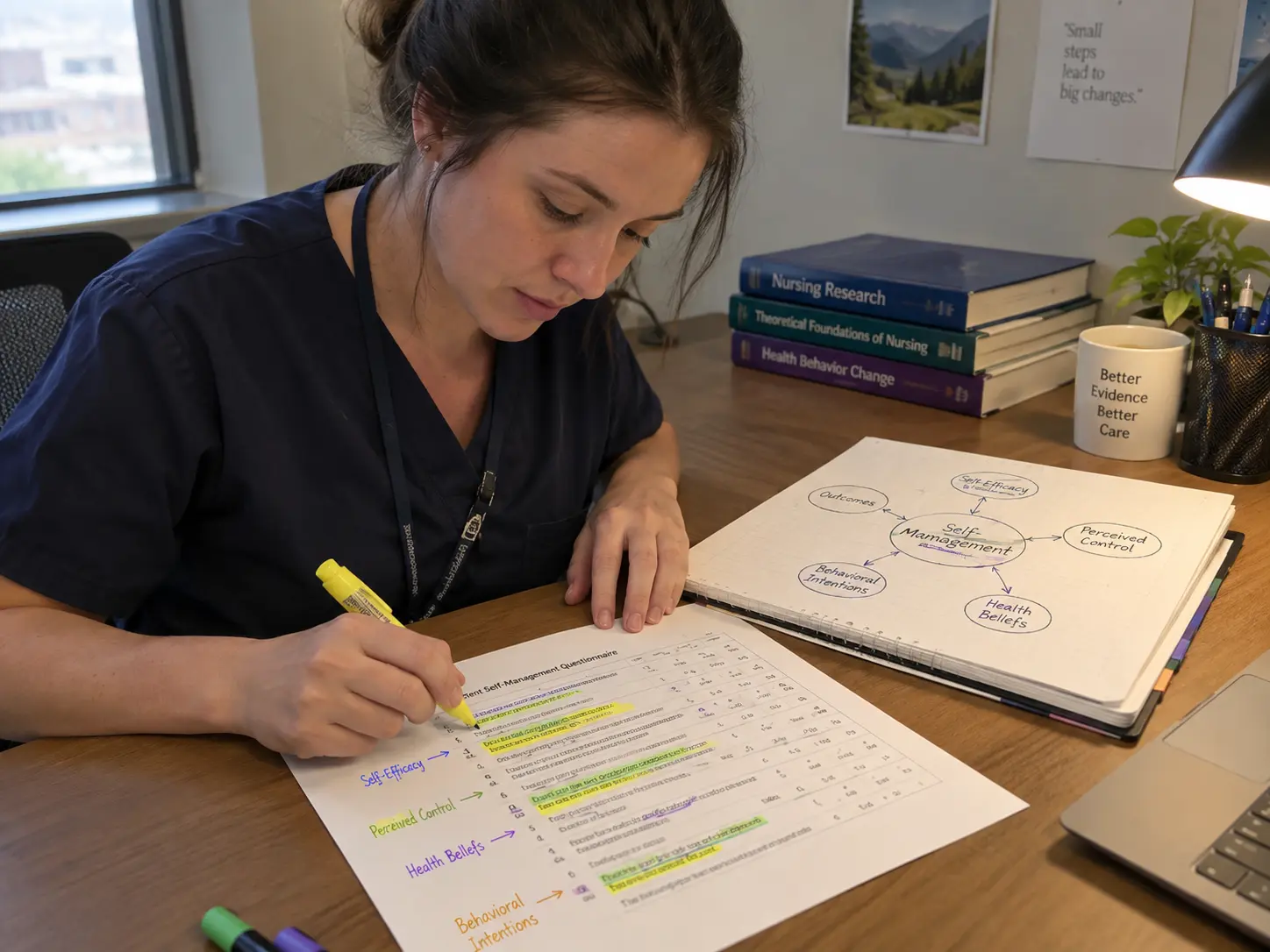 A researcher mapping self-care theory concepts onto a questionnaire on paper