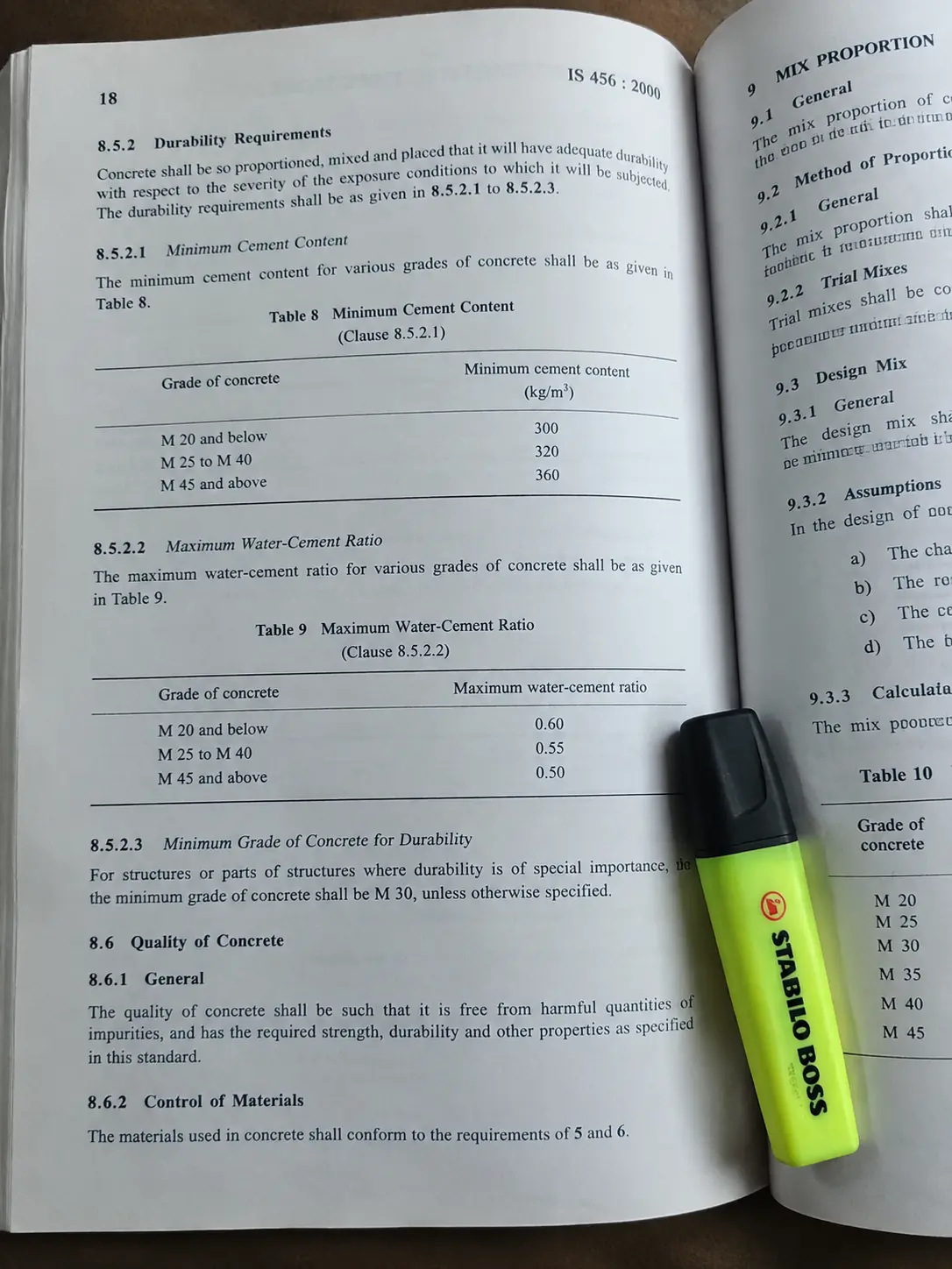 Close-up of an open Indian Standard code book showing clause numbers and tables