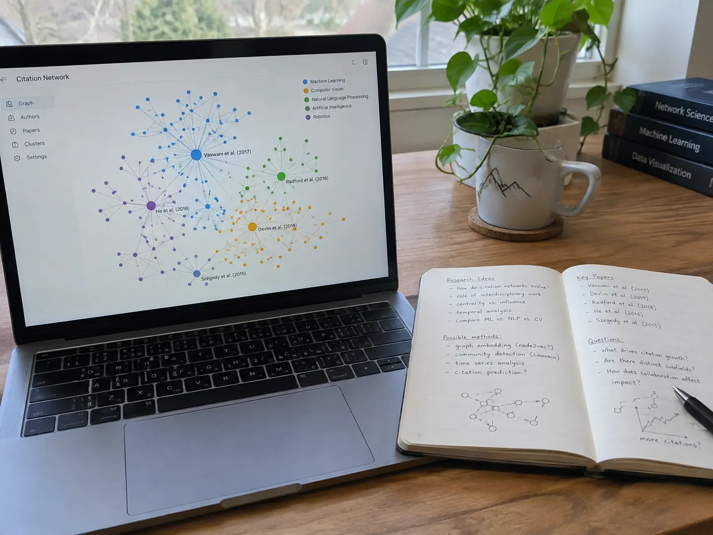 A researcher's laptop open to a citation graph visualization with a notebook of handwritten notes beside it