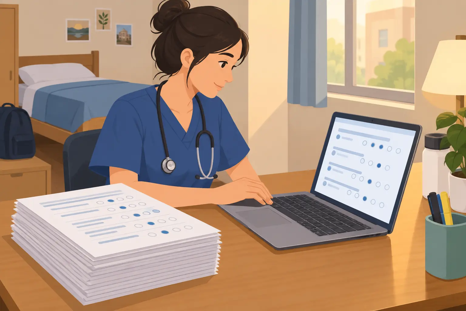 A nursing student entering pilot questionnaire scores into a laptop beside a stack of completed forms