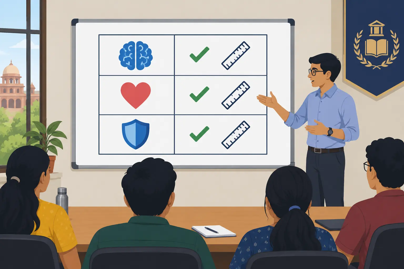 A whiteboard table pairing concept icons with measurement checklists in a seminar room