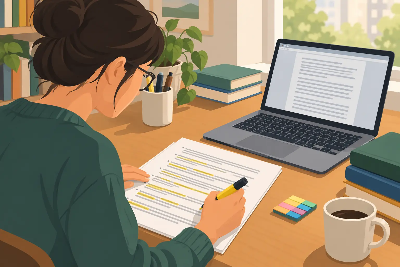 A scholar reading the reference list of a printed thesis and highlighting journal articles to look up