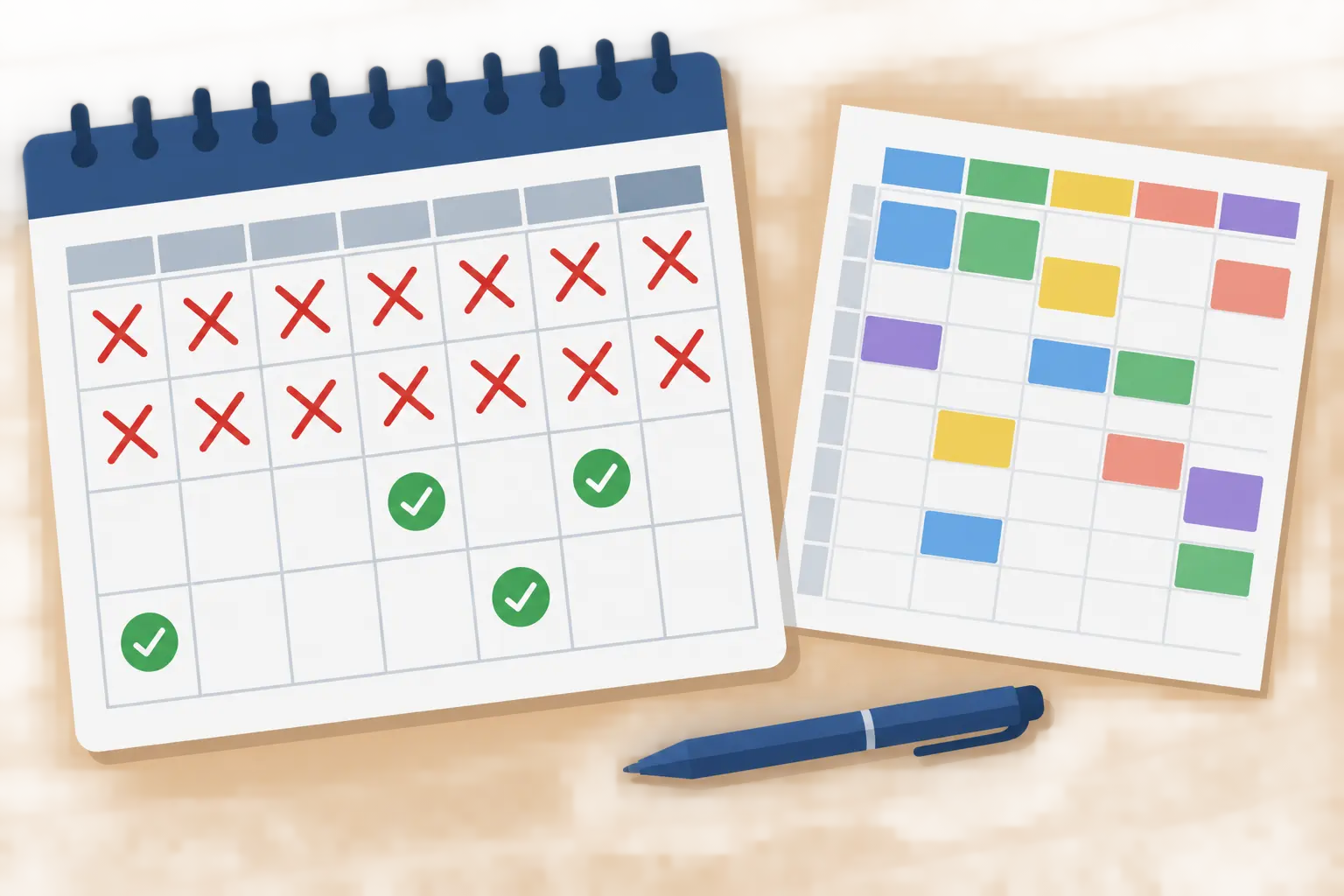 A calendar with school examination weeks crossed out and data-collection sessions marked in the available weeks