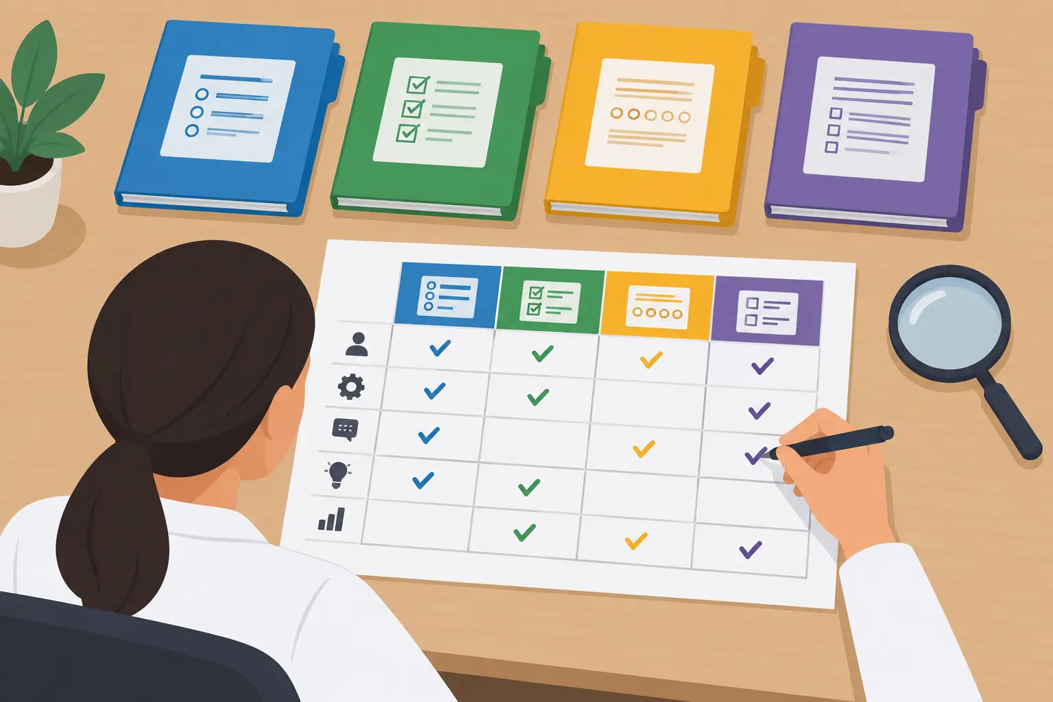 A researcher marking the facets of four emotional intelligence scales on a comparison sheet