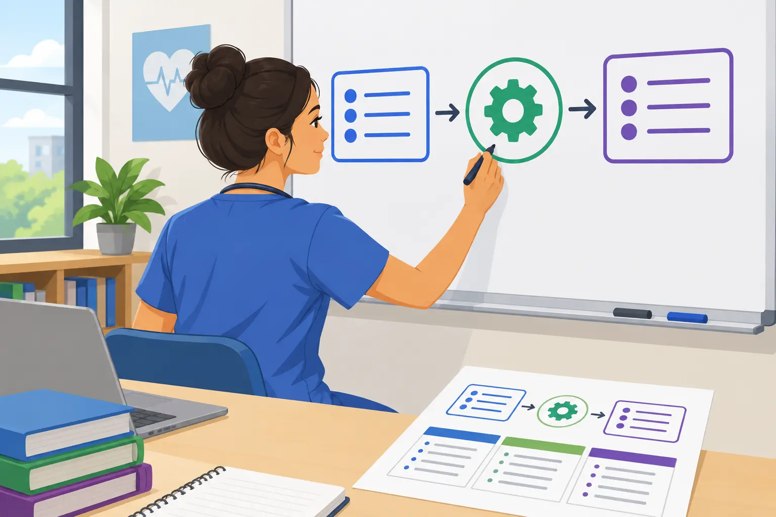 A nursing student drawing an input-process-output diagram on a whiteboard beside a printed model summary