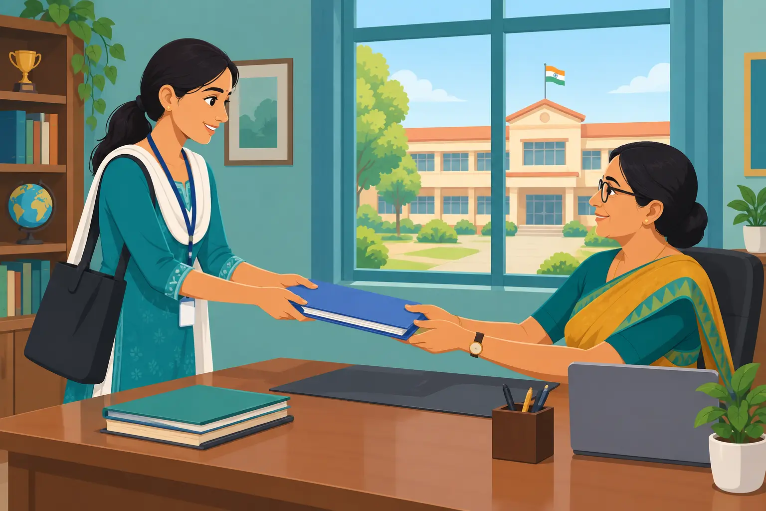 A teacher trainee handing a folder of permission documents to a school principal