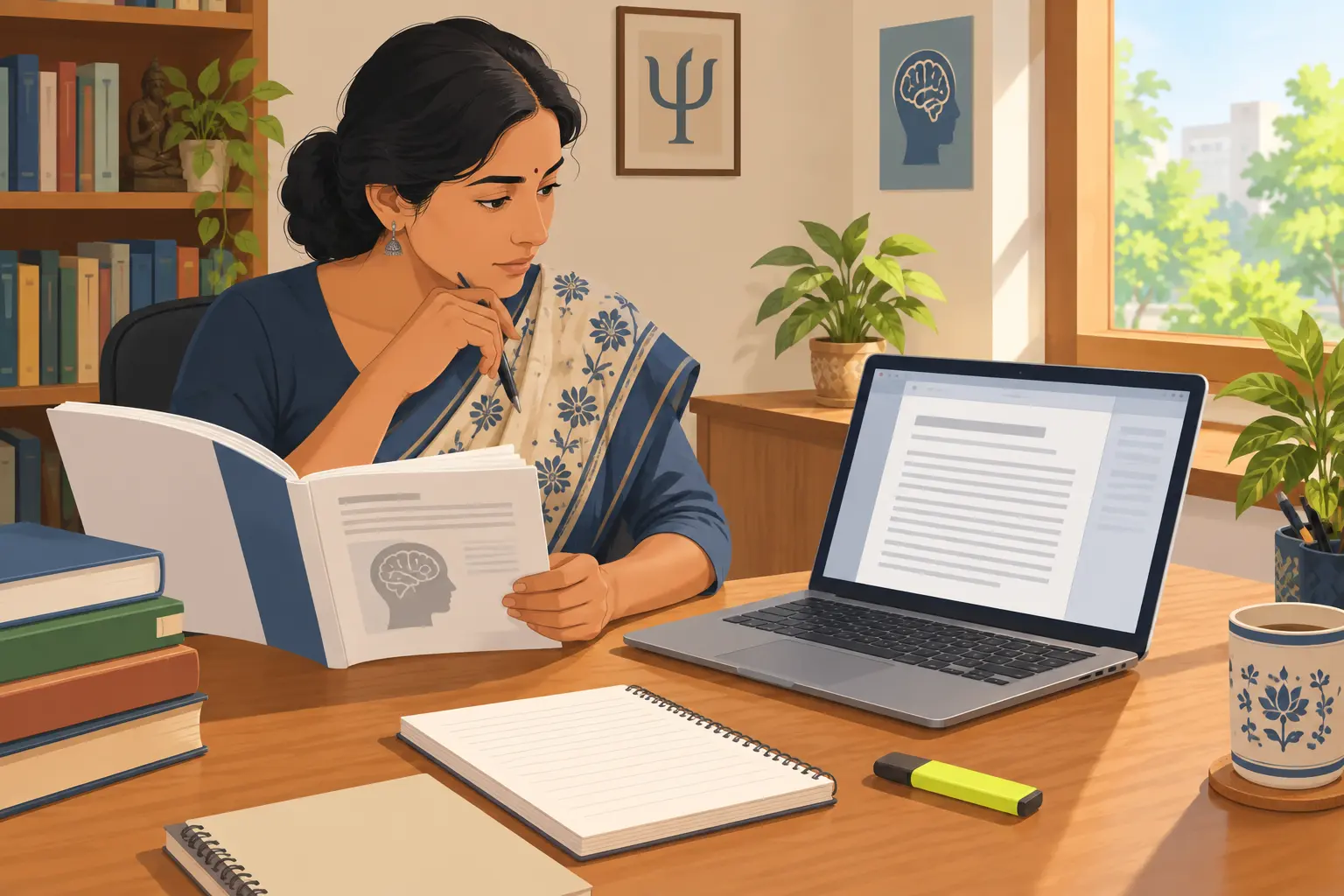 A psychology scholar checking a printed scale manual against a draft chapter on a laptop