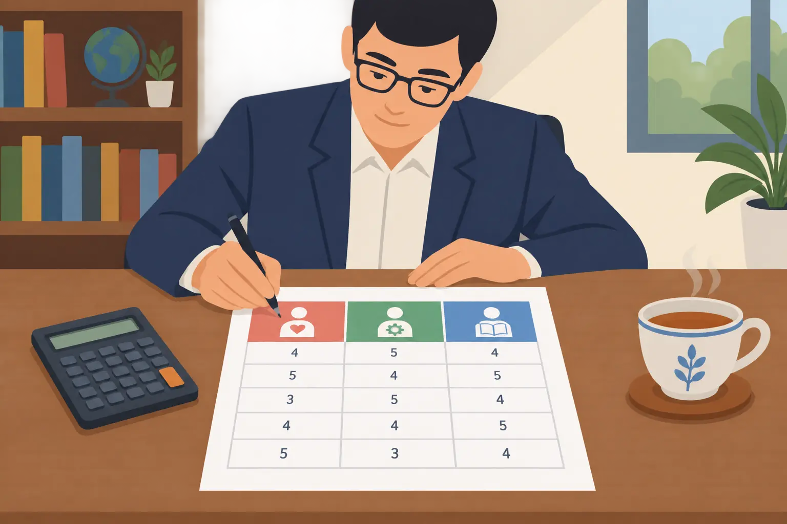 A scholar writing component scores for attitude, behaviour and knowledge on a table beside a calculator