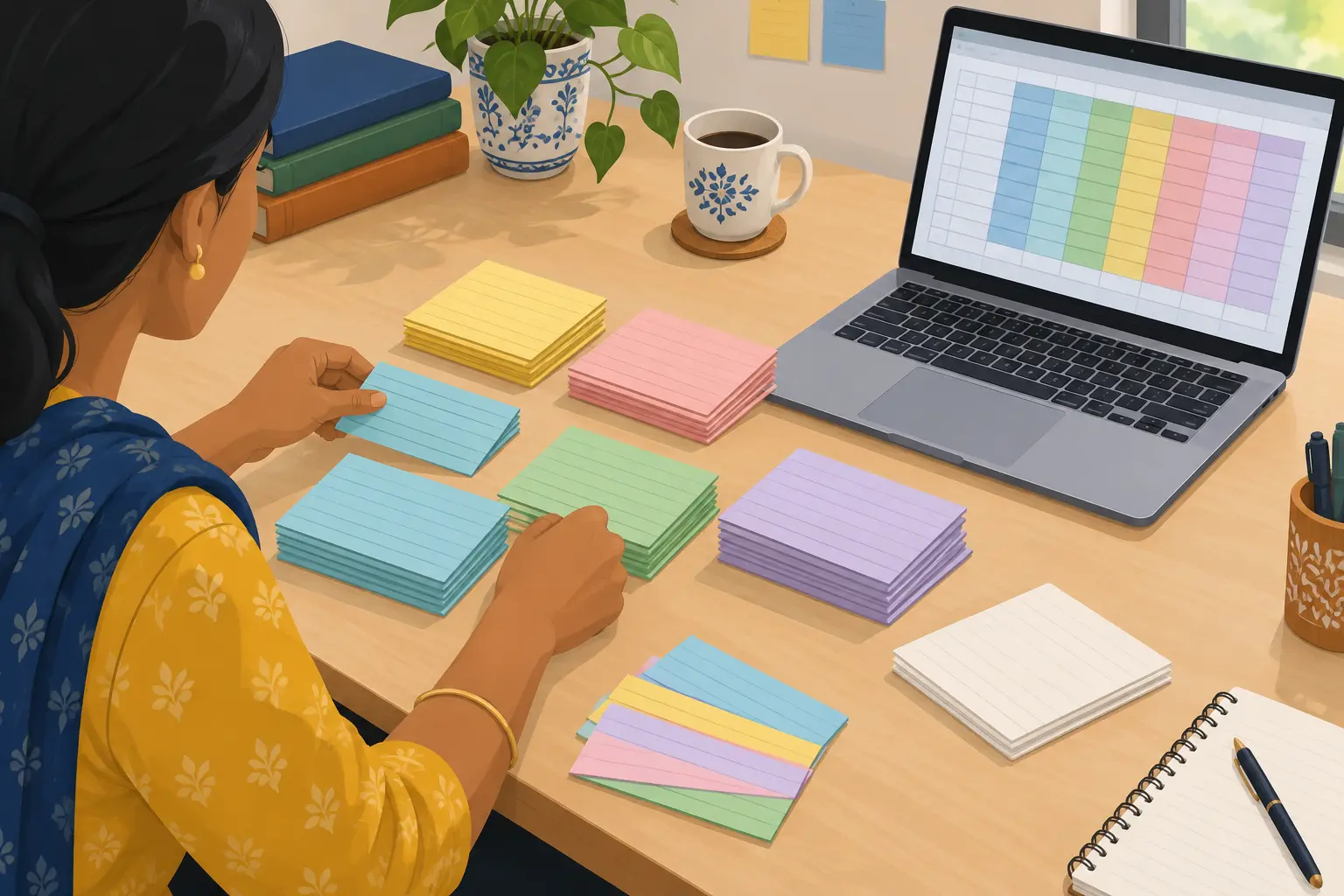 A table of index cards sorted into piles by variable beside a laptop with a literature matrix open