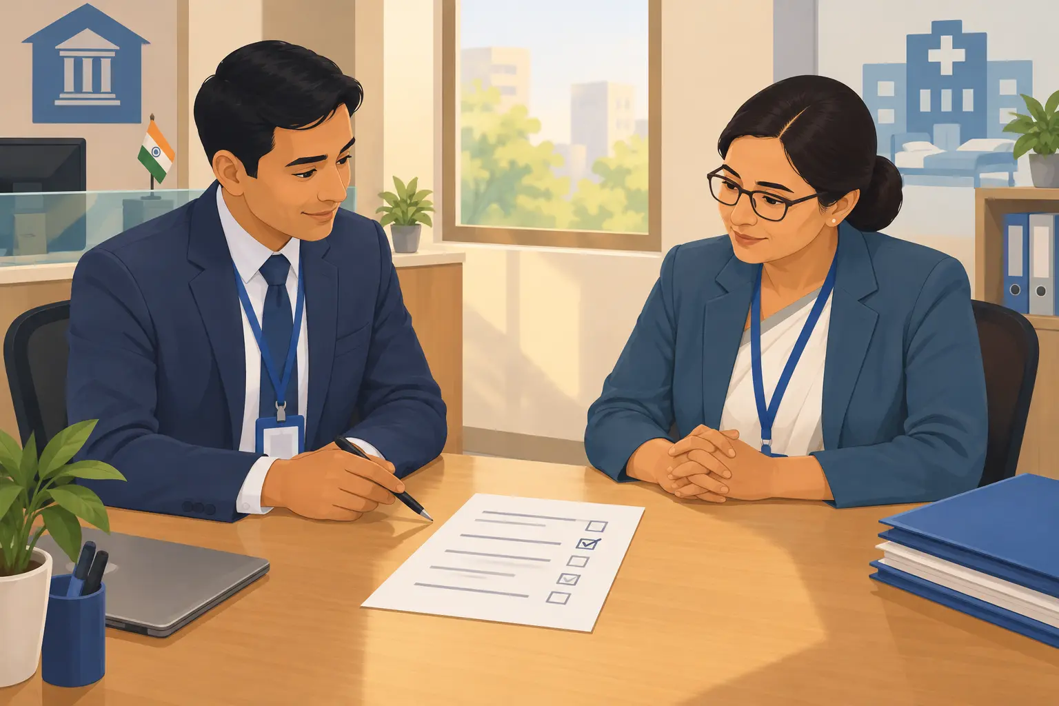 Two Indian office employees with a printed survey questionnaire on a desk