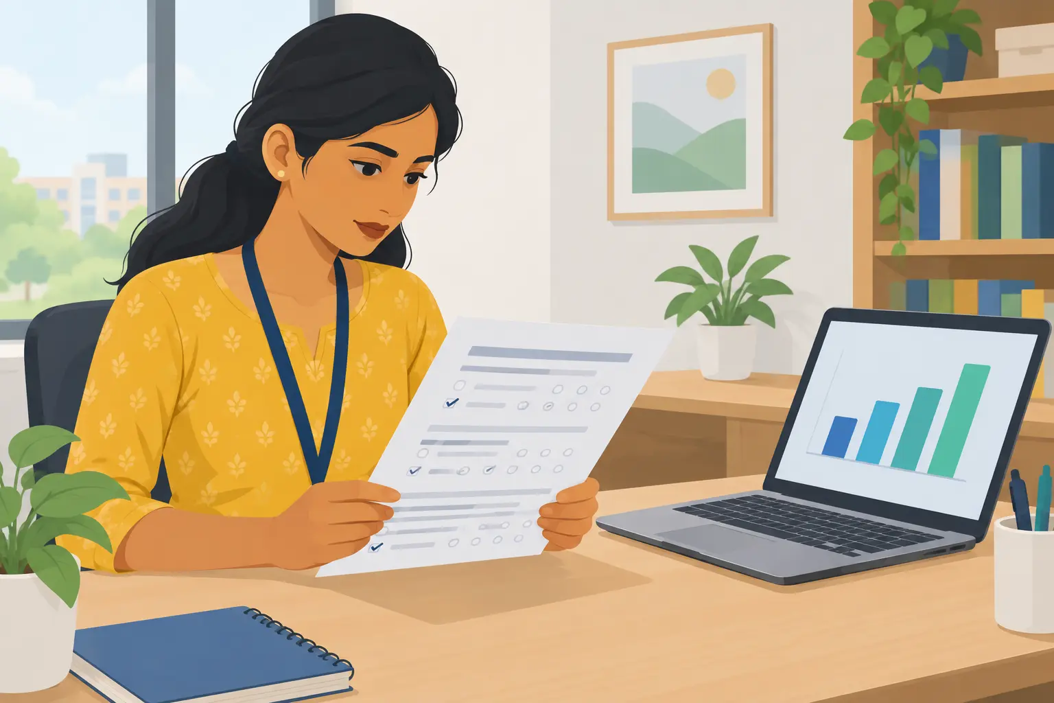 A scholar reading a printed survey instrument beside a laptop showing a bar chart of facet scores
