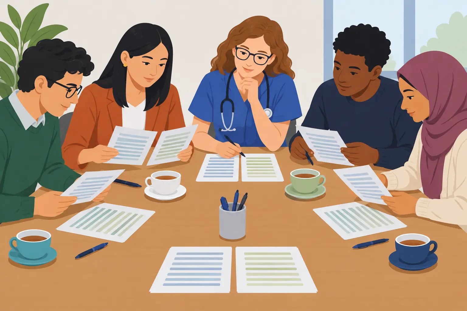 Four translators and a nursing student comparing printed forward and back translations around a table
