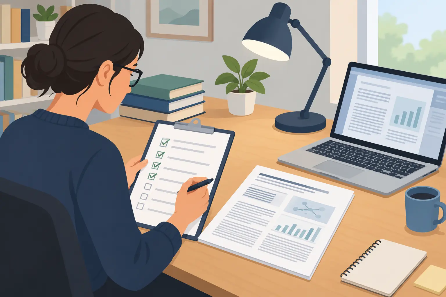 A scholar ticking off a screening checklist beside a printed journal article and a laptop