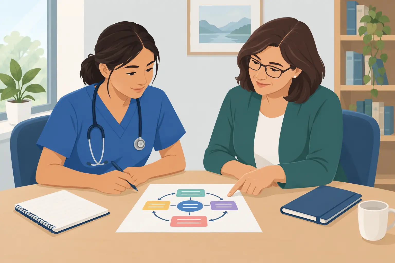 A nursing scholar and a guide reviewing a one-page framework diagram on a desk