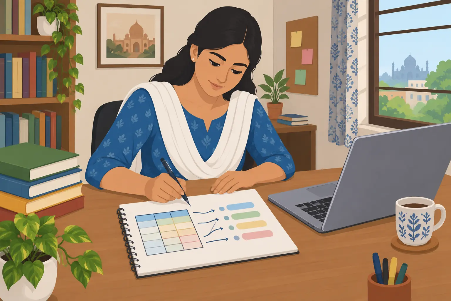 An M.Ed scholar drawing arrows from a table of studies to a short list of objectives on a notepad